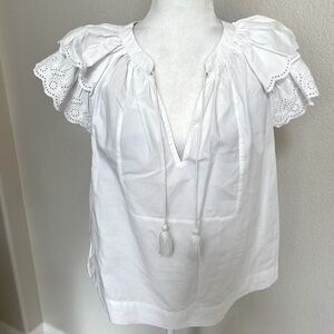Ulla Johnson women’s 4 white poplin popover cotton eyelet s/s tassel blouse